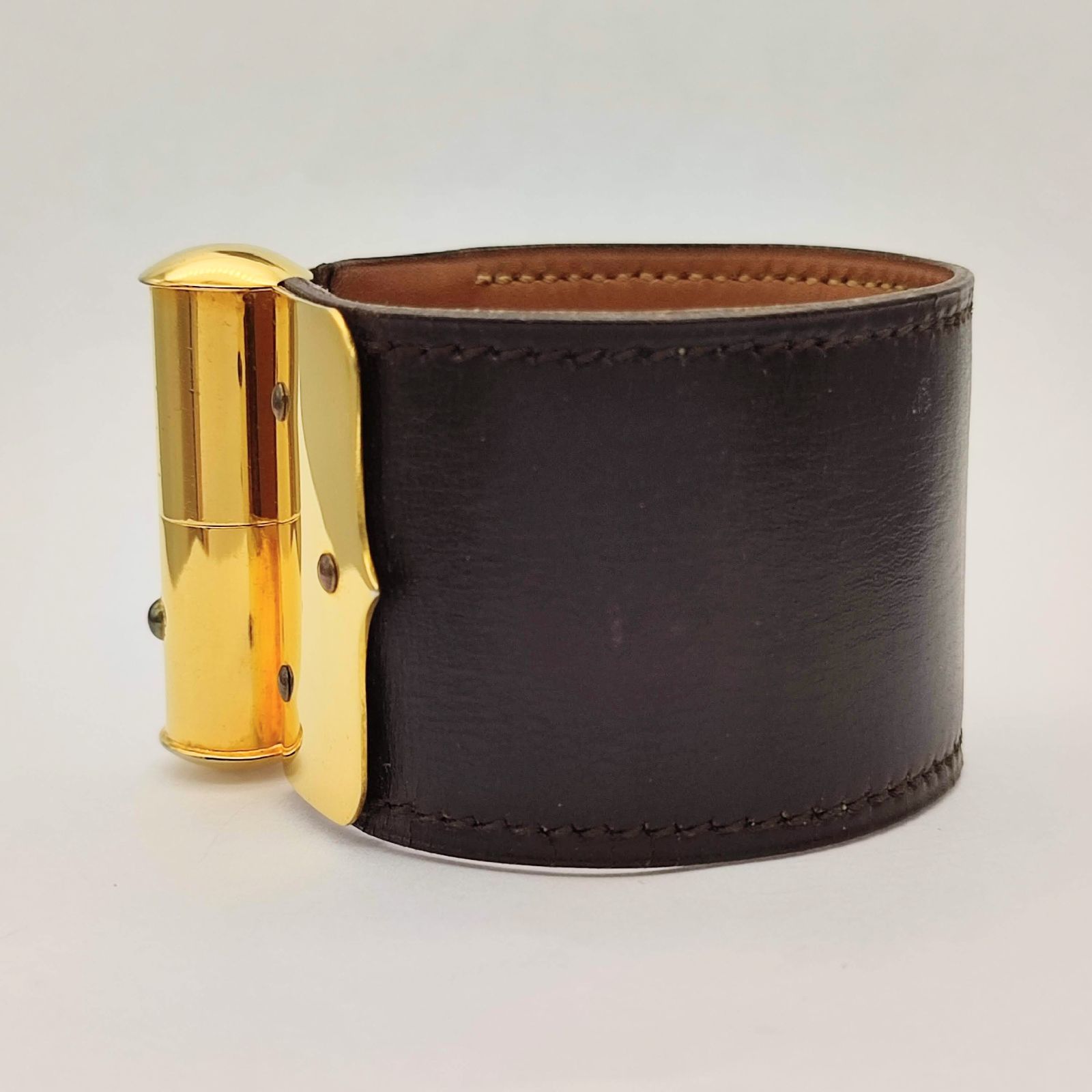 美品】HERMES エルメス レザーバングル 蝶番 ブラウン×ゴールド