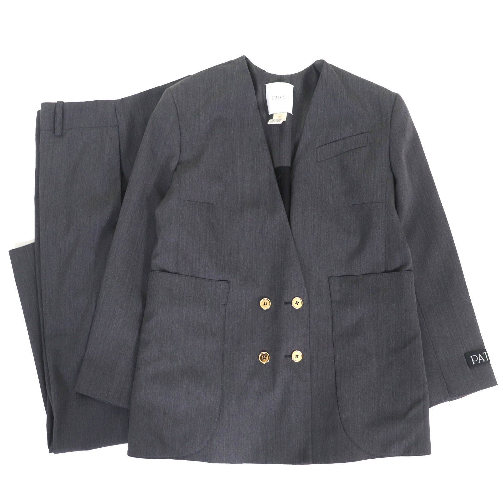 △PATOU パトゥ 23A-JA002-0103|23A-TR002-0103 テクニカルウールツイル製 ジュエリーボタン ノーカラーダブルブレストジャケット ワイドパンツ セットアップ スーツ グレー 38 正規品 レディース