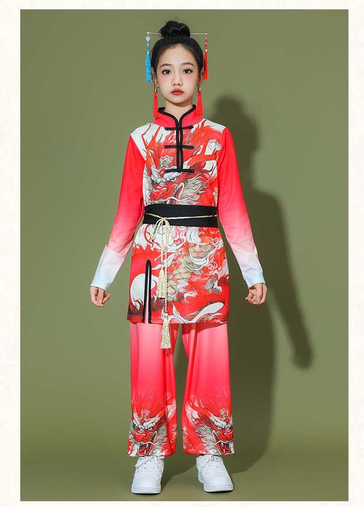 子供 中華 ダンス 衣装 チャイナ風 和風 龍柄 チャイナドレス ノースリーブ 可愛い 女の子 華流 舞台 ステージ衣装 モデルショー ジャズ ヒップホップ ダンスウェア 和柄 個性 学園祭 発表会 中華風 古典 ダンス 衣装　110cm-180cm　和風