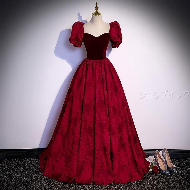 イブニングドレス ドレス ウエディングドレス 赤 ベルベット パフスリーブ 甘め 半袖 結婚式ドレス 二次会ドレス ワインレッド ゲストドレス ロングドレス Aライン パーティードレス