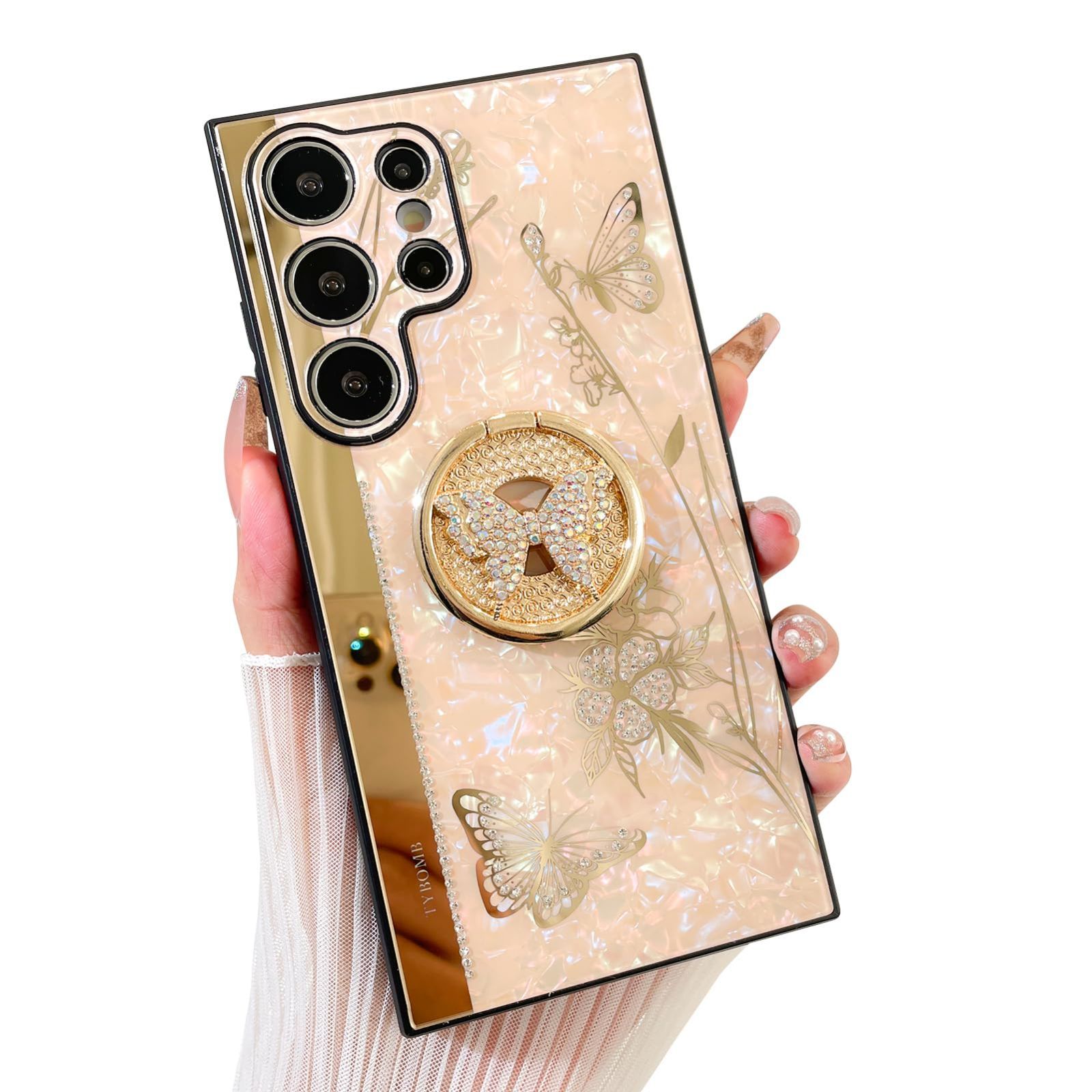 【数量限定】Galaxy S24 Ultra 用 ケース 蝶 リング付き スタンド機能 キラキラ 花柄 バタフライ メッキ加工 韓国 美しい 可愛い ＣｉｔｙＫｏｄａ カラフル デザイン おしゃれ 耐衝撃 薄型 軽量 