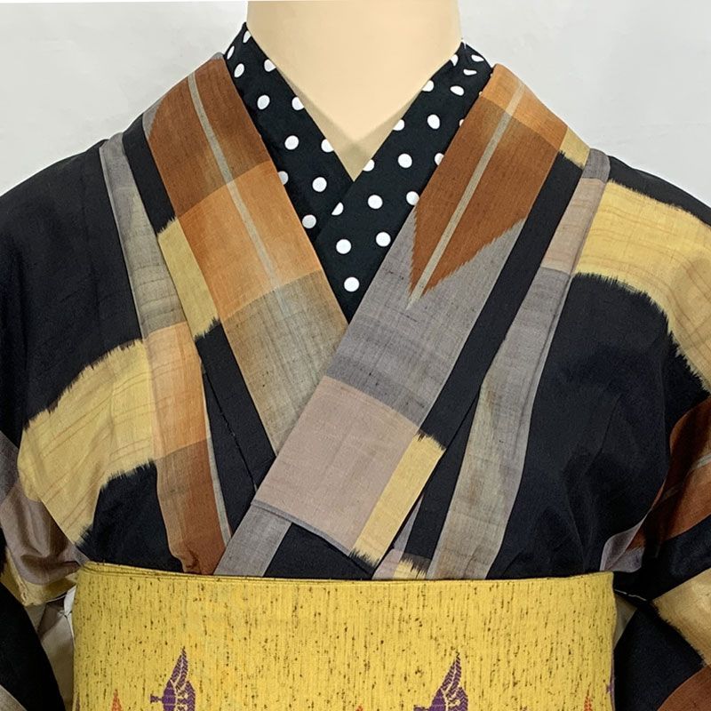 411aa12◇アンティーク着物 格子 縞 矢絣 黒・オレンジ系 大正