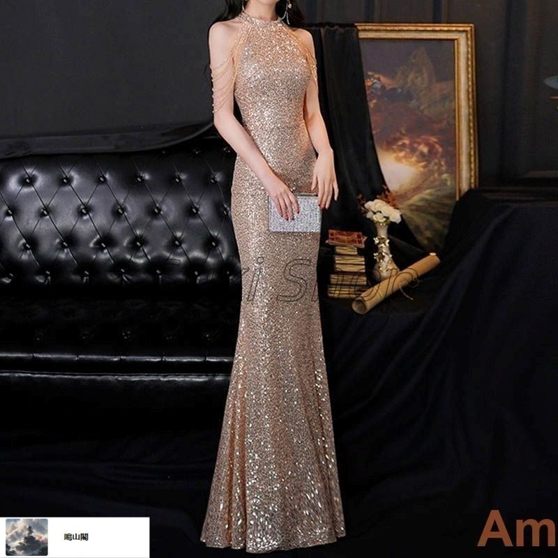 イブニングドレス ホルターネック オフショルダー パーティードレス ロングドレス スパンコール キラキラドレス 発表会ドレス 演奏会ドレス マーメイドライン 20代 30代