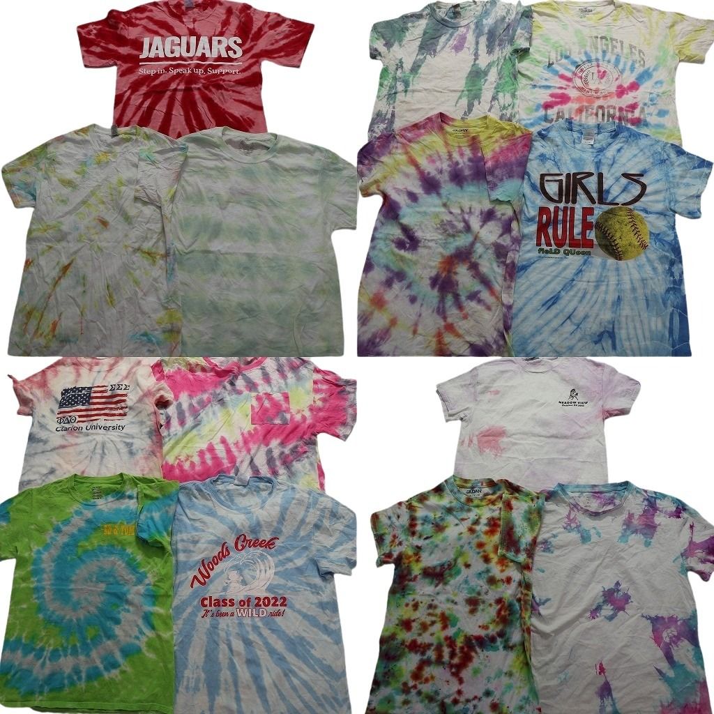 古着卸 まとめ売り タイダイ柄 半袖Tシャツ 14枚セット (メンズ XS /S ) 星条旗 国旗 英文字プリント カレッジ風 中古 古着 MY0081