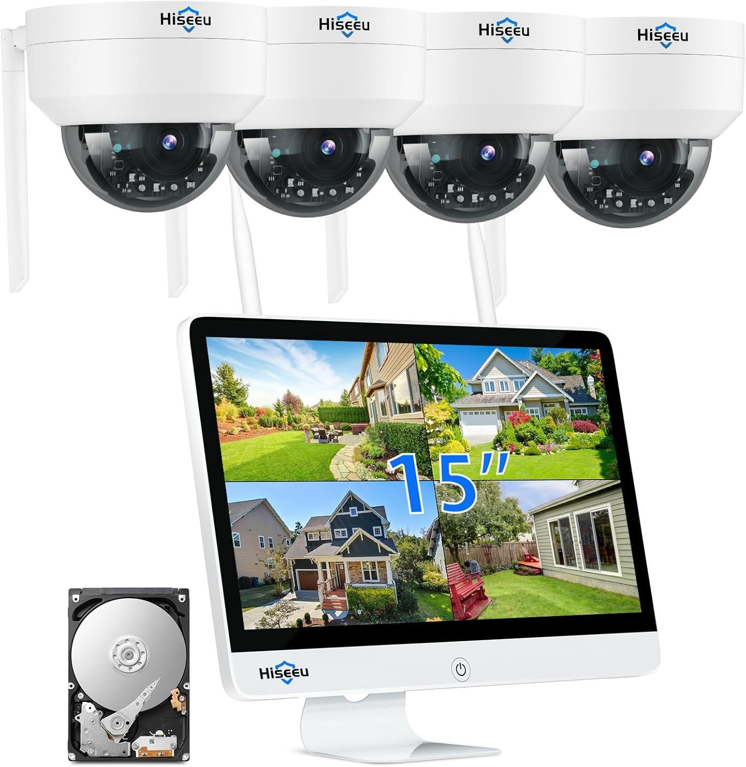 防犯カメラ ワイヤレス 15インチIPS液晶モニタ一体型NVR 1920P 500万画素ワイヤレスカメラ 4台セット