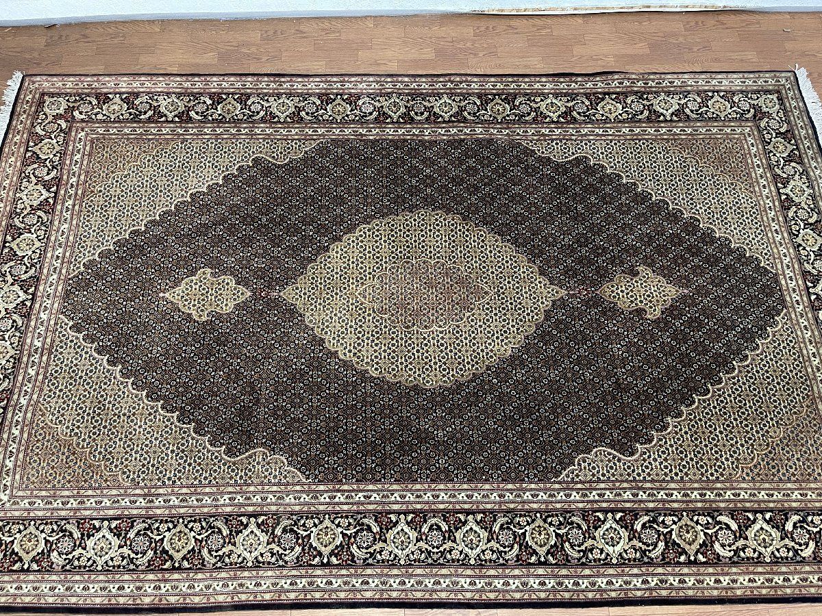 最 タブリーズ 手織りペルシャ絨毯 200×317cm イラン製 ウール 一部シルク マヒ柄 カーペット ラグ 大判 大きい 貝1241