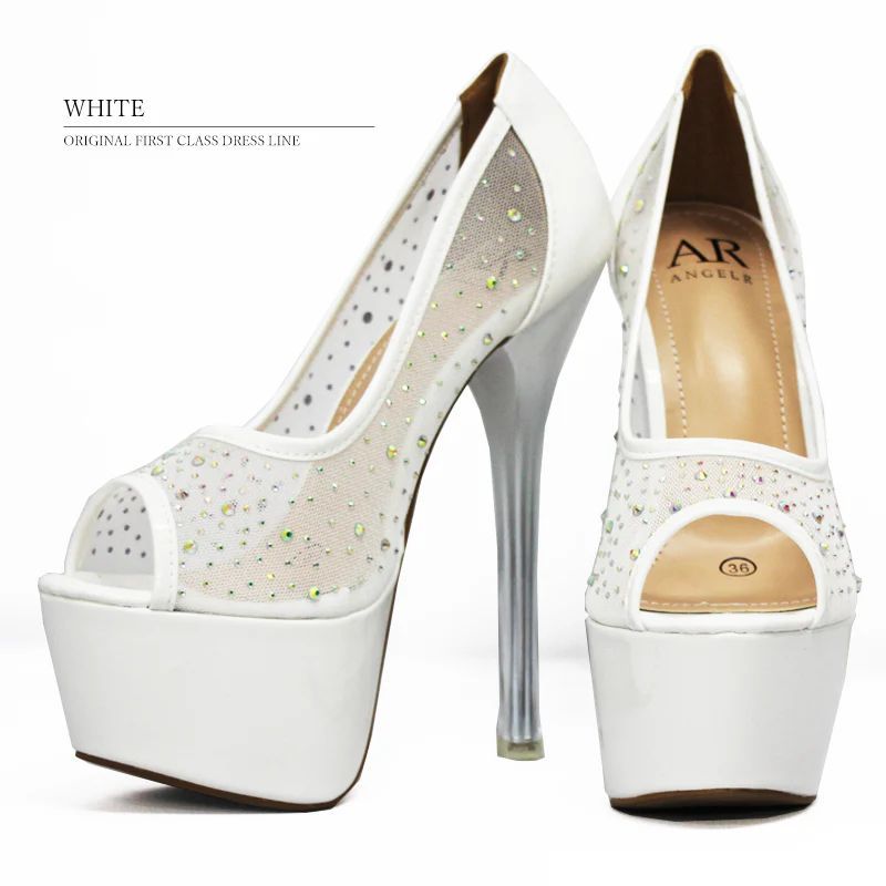 SH037-W-2409 Angel R エンジェルアール ハイヒール パンプス オープントゥ サンダル パール ビジュー ラメ 厚底 ドレス キャバ シューズ ドレス フォーマル パーティー