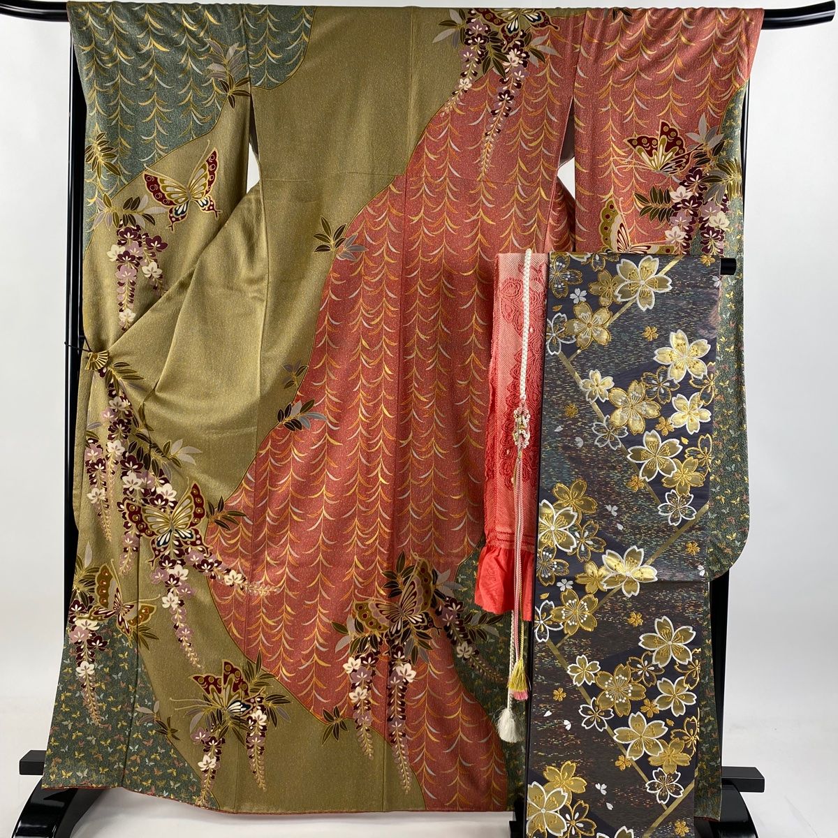 振袖 身丈166cm 裄丈67.5cm L 袷 袋帯フルセット 蝶＋ 藤 金彩 灰茶 正絹 秀品