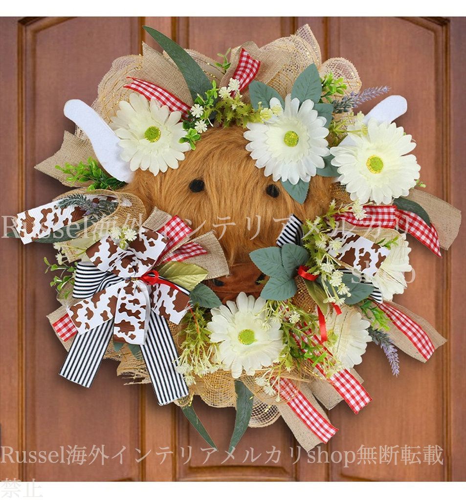 リース ガーデンオーナメント 牛 フェイク グリーン ガーデン ドア お洒落 かわいい 花 フラワー 庭 エレガント 壁掛け ガーデニング 雑貨 ガーデン雑貨 ガーデンインテリア インテリア 庭の装飾 おしゃれ 8-14