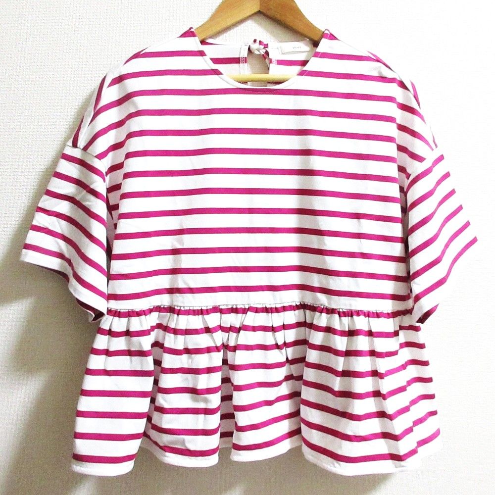 23SS yori ヨリ ヘムフリルボーダーカットソー 半袖 Tシャツ プルオーバー YR11-23142SM サイズF ホワイト×パープル レディース 古着