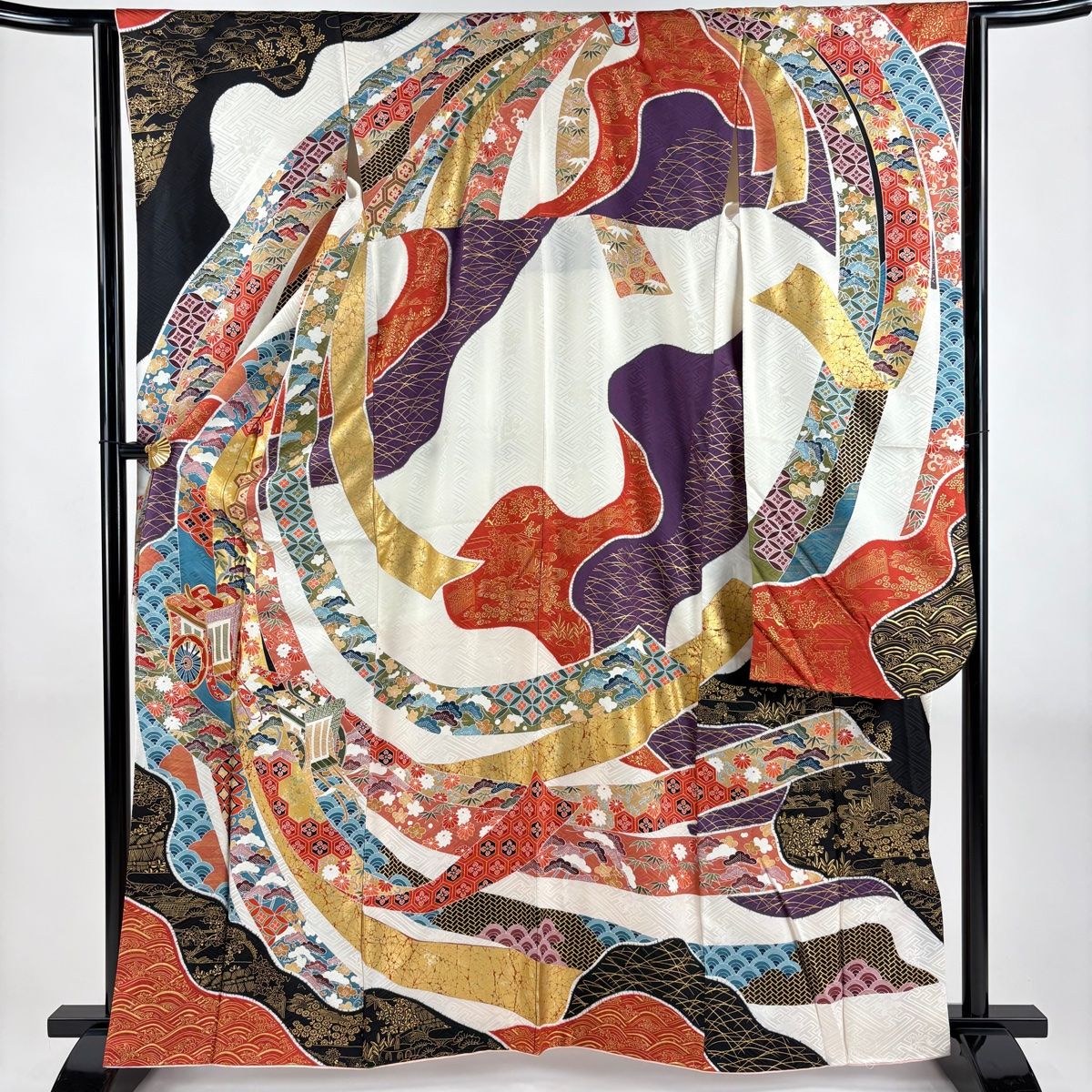 振袖 身丈162.5cm 裄丈64cm M 袷 御所車 熨斗 金糸 金彩 クリーム 正絹 名品