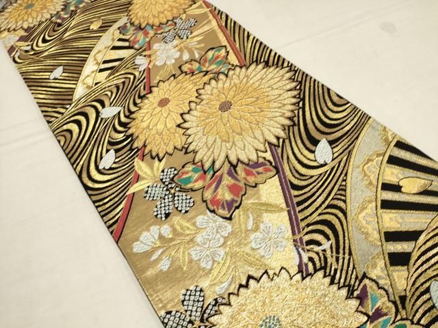 平和屋着物▽振袖用六通柄袋帯 流水花文 黒地 金銀糸 正絹 逸品