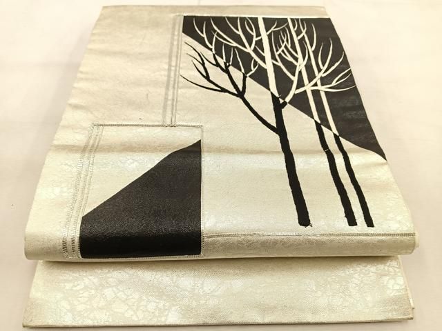専用※a620 化繊 名古屋帯 名古屋仕立て 銀糸 着物 平和屋着物◎九寸開き名古屋帯 銀駒刺繍 木立 銀糸 正絹 逸品