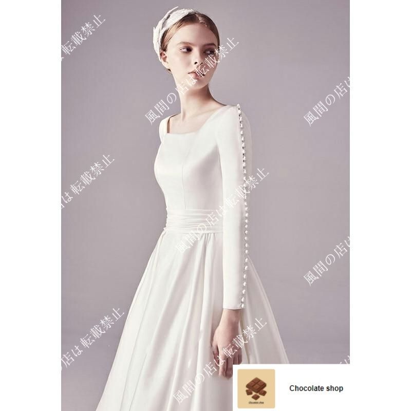 ウェディングドレス Aライン 結婚式 海外挙式 ウエディングドレス 二次会 花嫁 披露宴 ブライダル ロングドレス 長袖 サテン バックレース ss アイテムCC人気急上昇