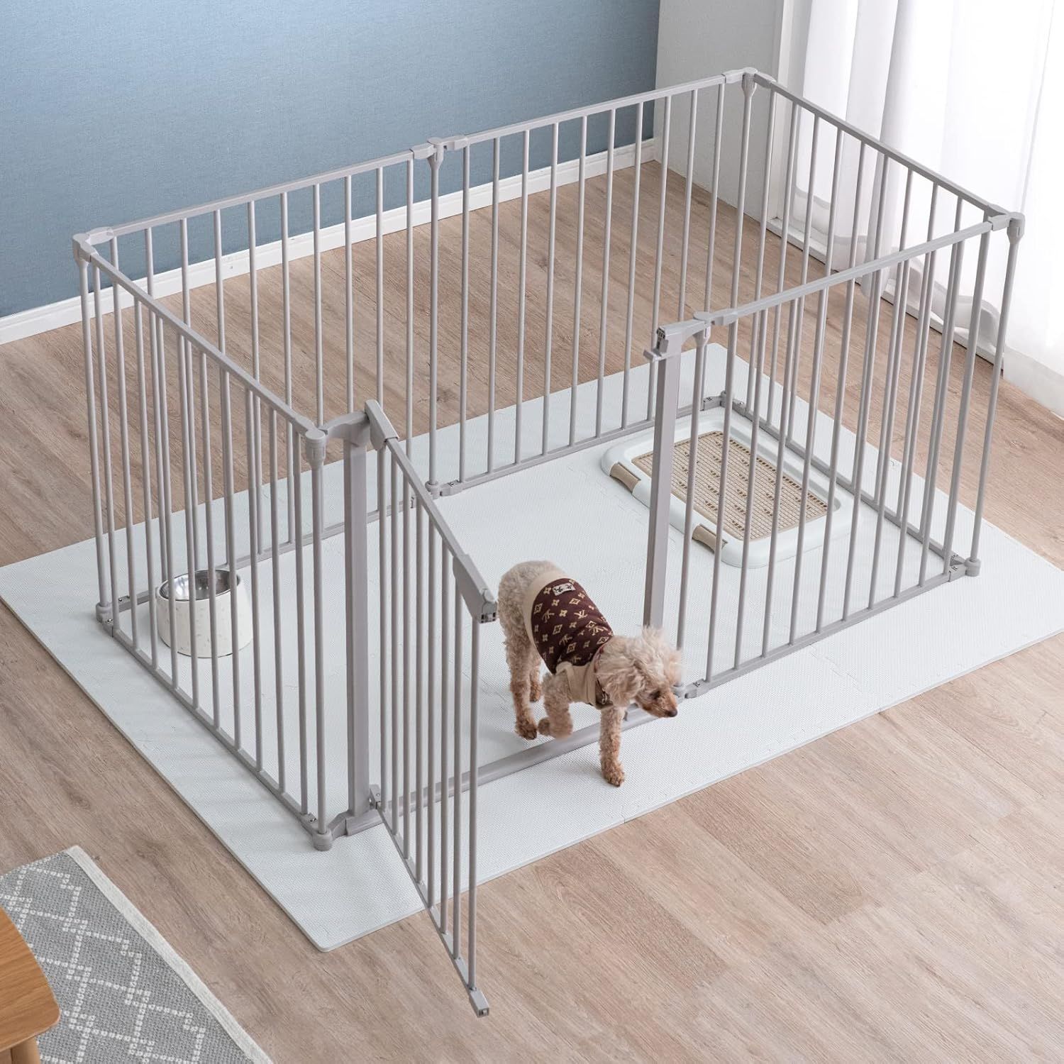 タンスのゲン ペットサークル 151×76×76cm 実用新案登録 バリアフリー 6面 両開き ダブルロック ドア 折りたたみ レイアウト自由 シニア犬 室内 グレージュ 87795