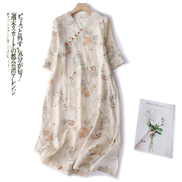 miu miu/白/コットン/チャイナ調／ロング丈/ワンピース ワンピース 綿麻調 レディース 半袖 花柄 ロング ワンピース