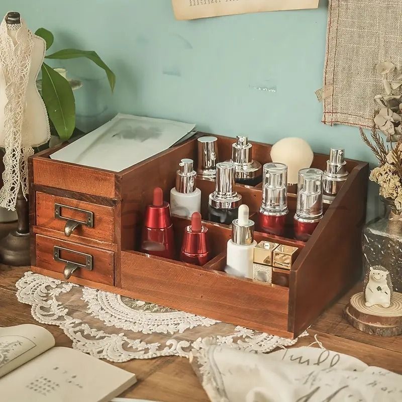 Amazon.co.jp: 木製デスクトップオーガナイザー ロック付き 素朴な3