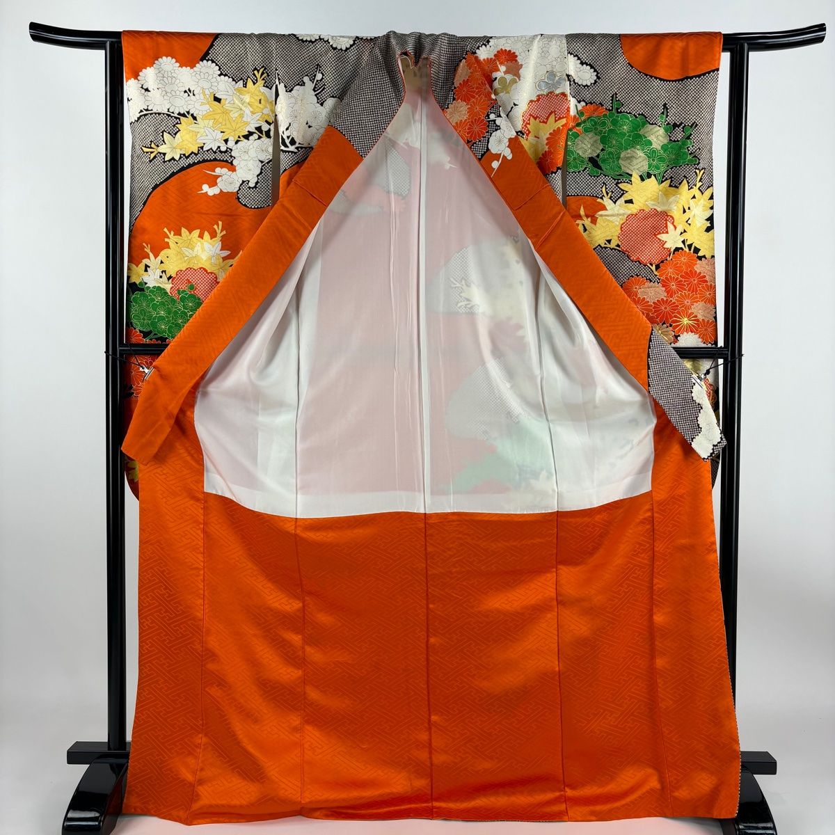 振袖 身丈171cm 裄丈62cm S 袷 菊 梅 金糸 金銀彩 オレンジ 正絹