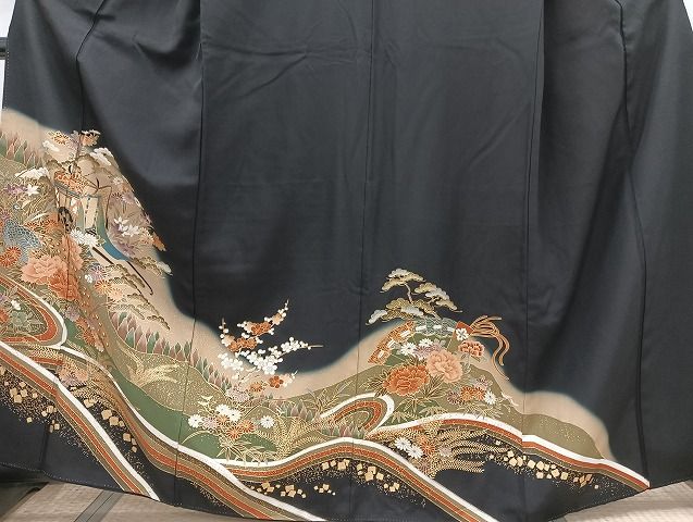 平和屋着物○豪華色留袖 駒刺繍 総刺繍 双鶴菱松文 金糸 正絹 逸品