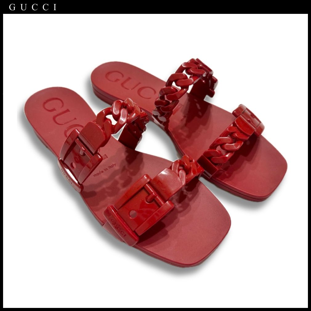 新品グッチGUCCIラバー フラット スライドサンダル チェーン 赤 新品グッチGUCCIラバー フラット スライドサンダル チェーン 赤