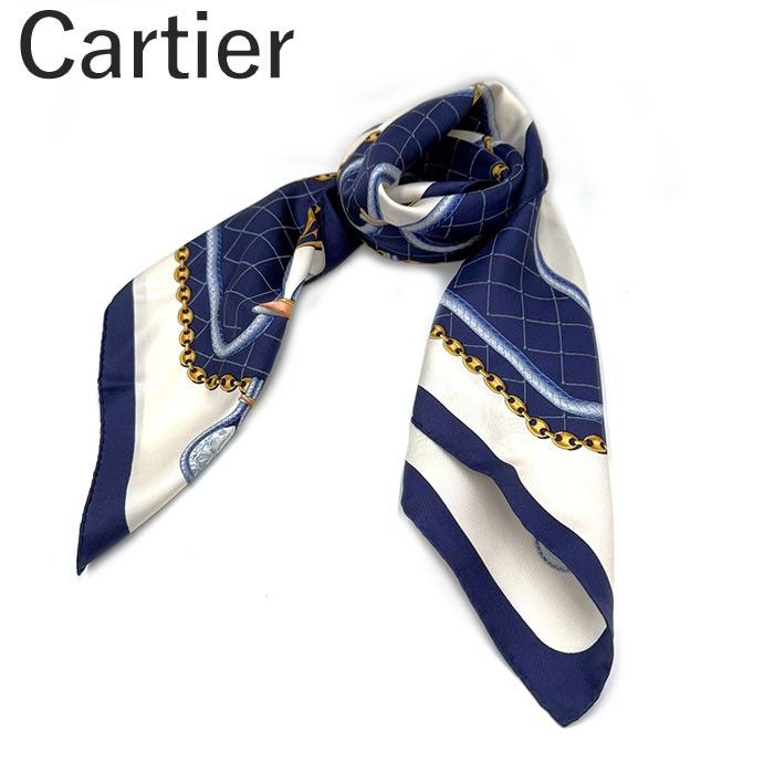 カルティエ Cartier スカーフ 柄 ロゴ チェーン シルク ホワイト