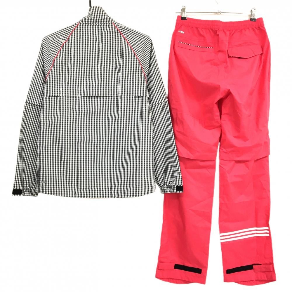 超 アディダス レインウェア 2WAYジャケット×パンツ 白×黒 ギンガムチェック パンツピンク レディース L G ゴルフウェア adidas