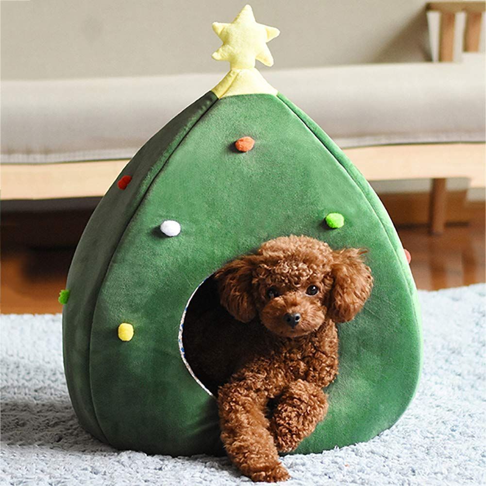 Lサイズ クリスマスツリーハウス ドッグベッド ドーム型 ペットベッド クッション付き かわいい 犬 猫 ベッド 寒さ対策 保温防寒