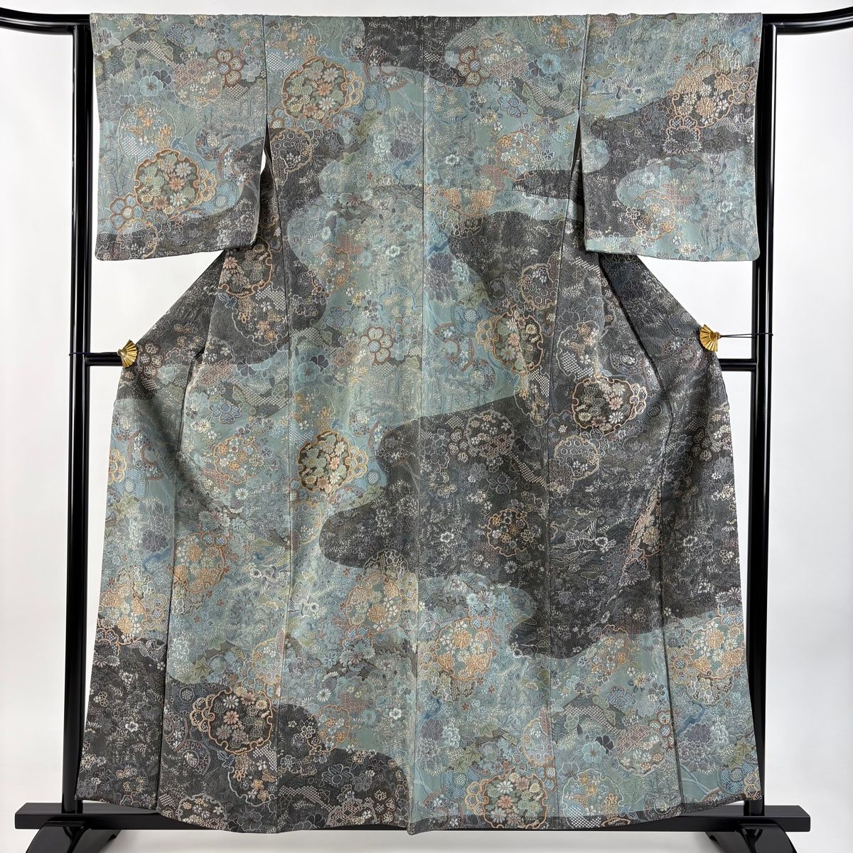 訪問着 身丈159.5cm 裄丈64cm M 袷 雪輪 鶴 紋意匠 灰緑 正絹