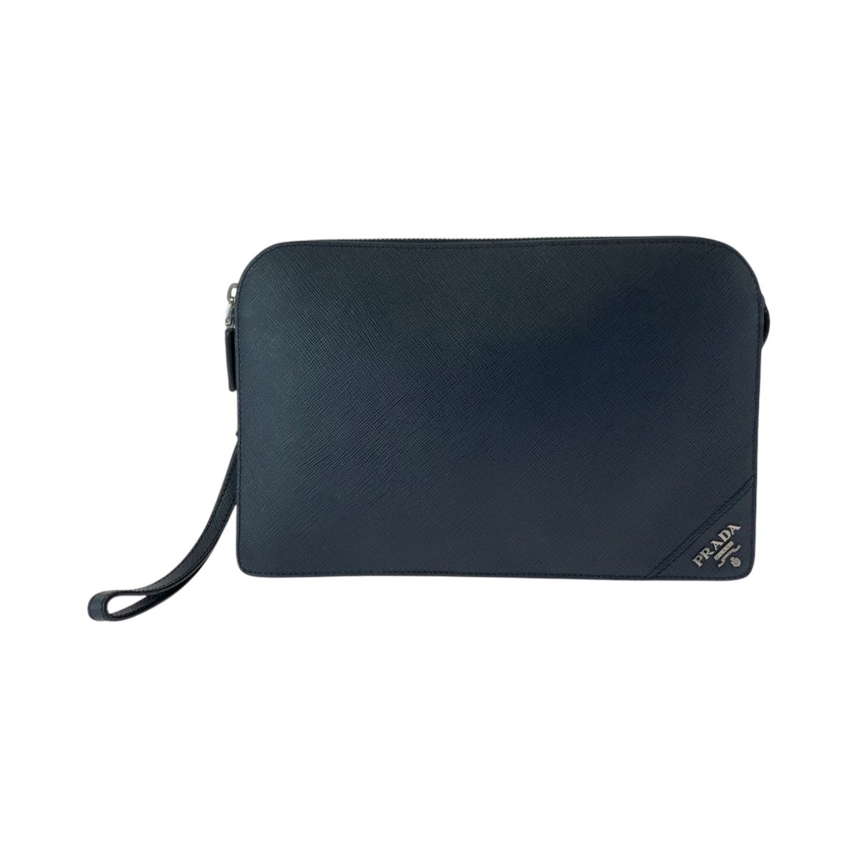 おさかな【美品】PRADA ネイビー レザー クラッチバッグ 美品】 PRADA プラダ クラッチバッグ ネイビー トライアングル ロゴ