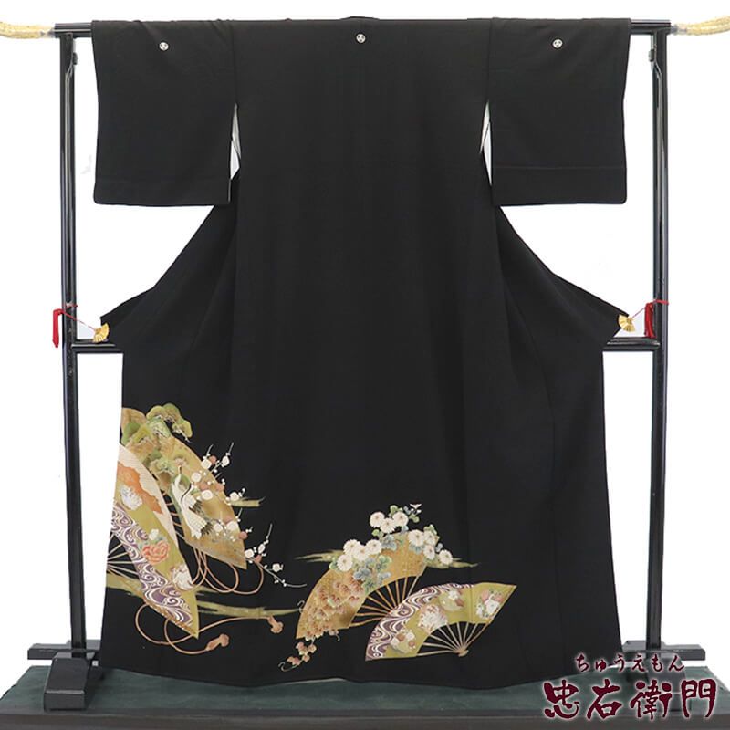 黒留袖 販売 単品 礼装 着物 和装 フォーマル 正絹 黒 丸に三つ柏 扇文 鶴 身丈166cm 裄丈65.5cm 結婚式 母親 Ｍ~Ｌサイズ相当 リサイクル着物 リユース着物 着物 送料無料 即日発送
