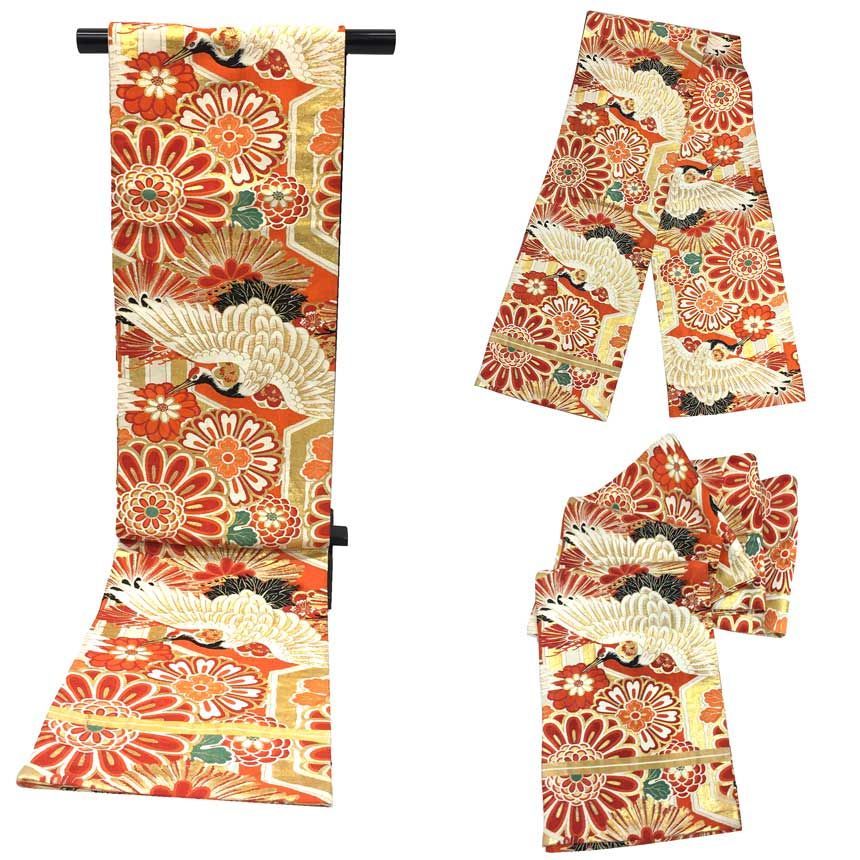 モダンな京袋帯　正絹　美品 袋帯 美品 秀品 草花 向かい鳥 金銀糸 薄茶色 六通 正絹 【中古