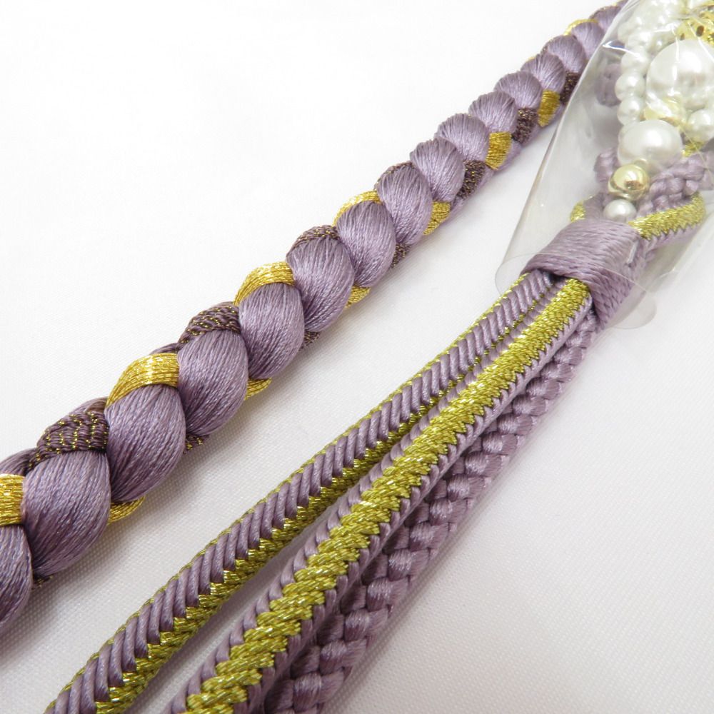 帯締め 振袖用 帯〆 ラベンダーカラー×金色 パールビーズ 飾り付き 撚り房 金糸 絹100% 丸組 成人式 卒業式 和装小物 長さ175cm 新品 【キモノオフ野々市若松店】 帯締め 振袖用 帯〆 ラベンダーカラー×金色 パールビーズ 飾り付き