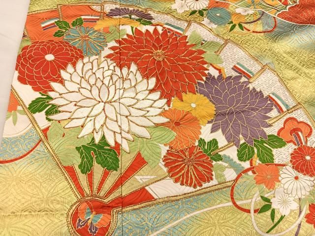 豪華振袖　駒刺繍　流水舞鳥文　暈し染め　金彩　着丈168cm　正絹　逸品 平和屋着物□豪華振袖 駒刺繍 檜扇花鳥文 暈し染め 金彩 正絹