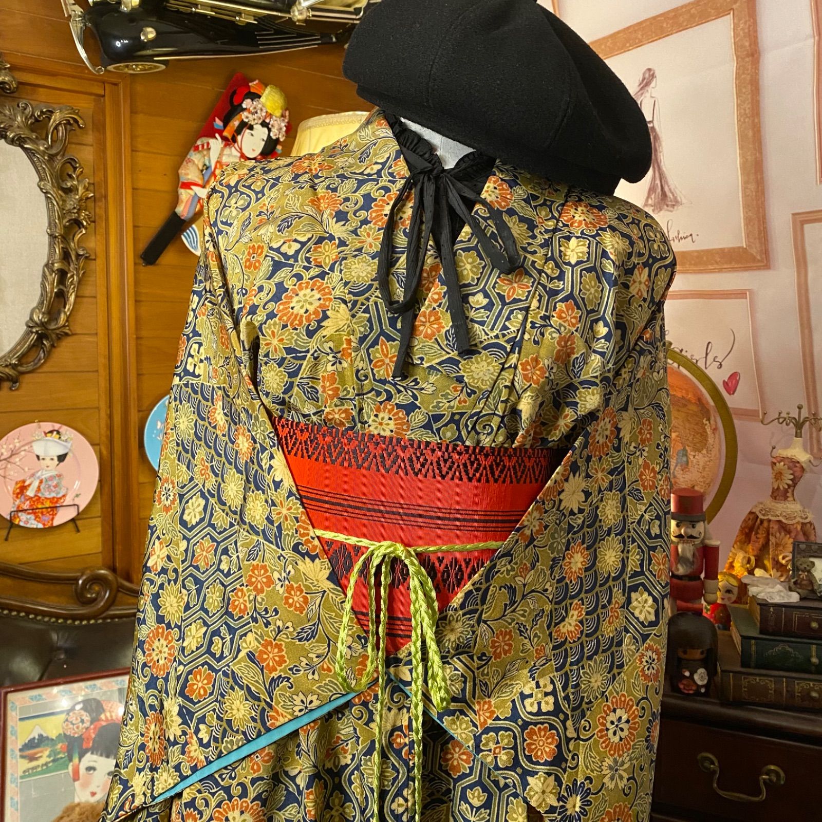 和洋折衷 着物 リメイク ワンピース ドレス 洗える 化繊 帯