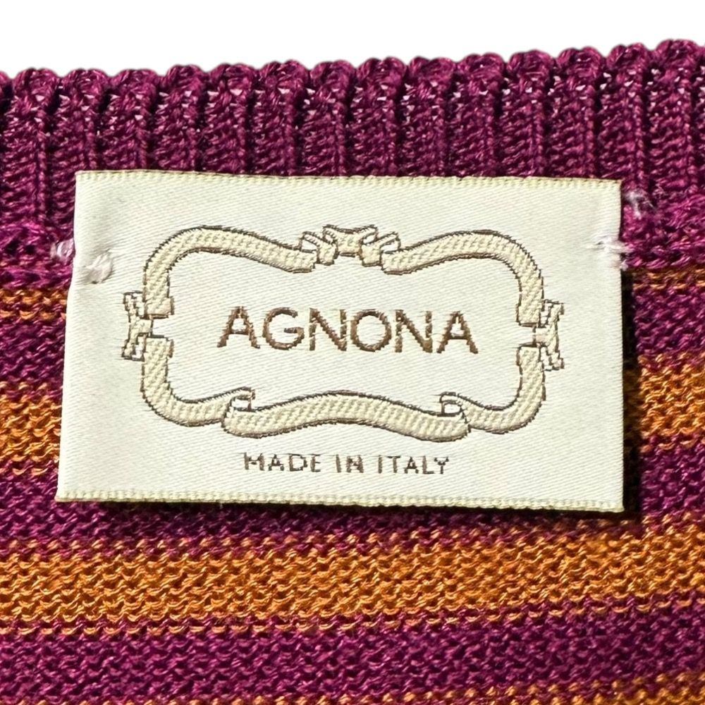 美品 AGNONA アニオナ シルクブレンド ボーダー柄 カーディガン＋ノースリーブセーター アンサンブルニット 44 パープル×ブラウン レディース 古着 中古 美品 AGNONA アニオナ シルクブレンド ボーダー柄 カーディガン