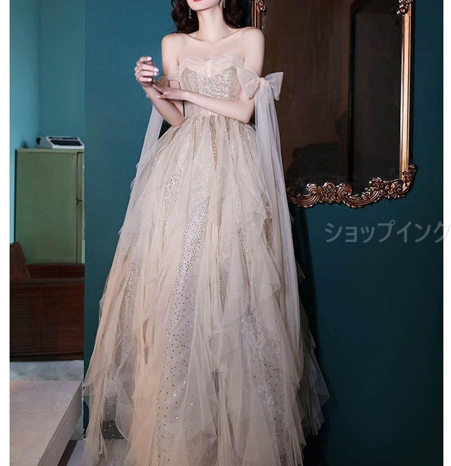 ドレス カクテルドレス ロングドレス パーティードレス 発表会 演奏会 ステージドレス イブニングドレス 大人 ゴールド オフショルダー 袖付き キラキラ シフォン リボン