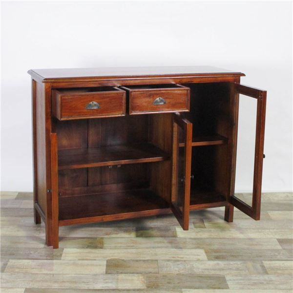 木製 ローガラスキャビネット サイドボード 幅110cm×奥行38cm×高さ85cm マホガニー材 引き出し付 真鍮製取っ手 完成品 代引不可