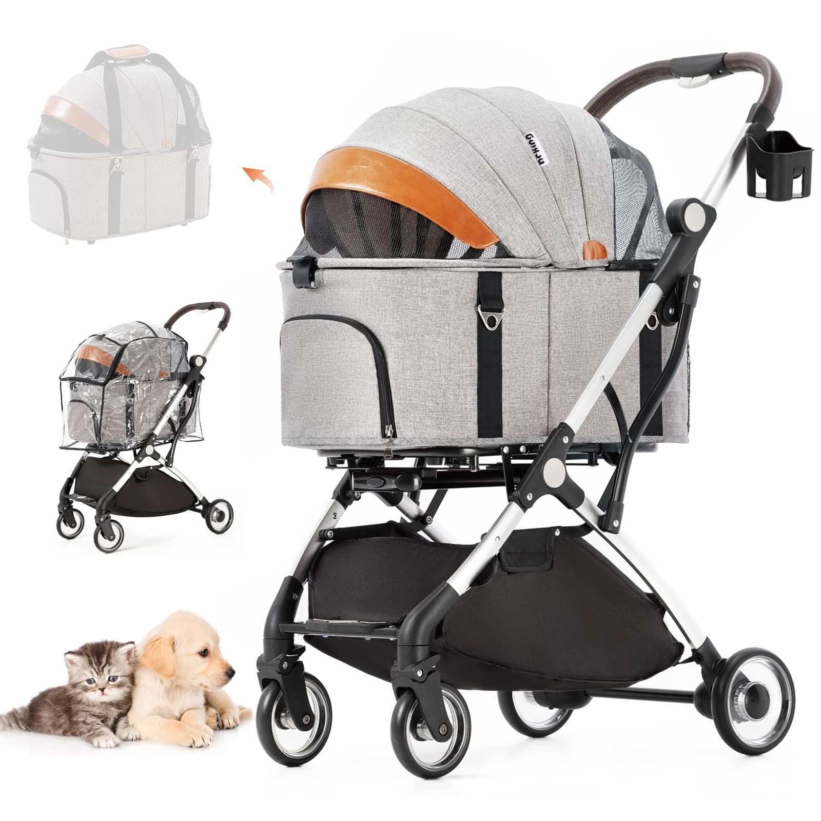 HRking.HANRAY 分離型 折りたたみ ペットカート 3wayモデル 対面式 4輪 犬用ベビーカー 前輪360°回転 後輪ブレーキ付 猫犬兼用 多機能 多頭用 介護用 ペットバギー 組み立て簡単 耐荷重15KG グレー レインカバー付き