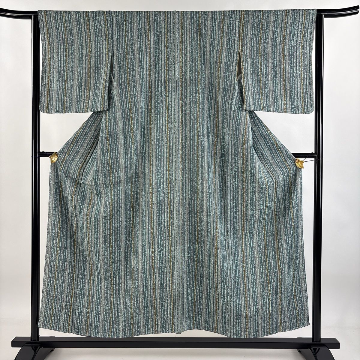 小紋 身丈154cm 裄丈63.5cm S 袷 縦縞 幾何学 灰緑 正絹 秀品