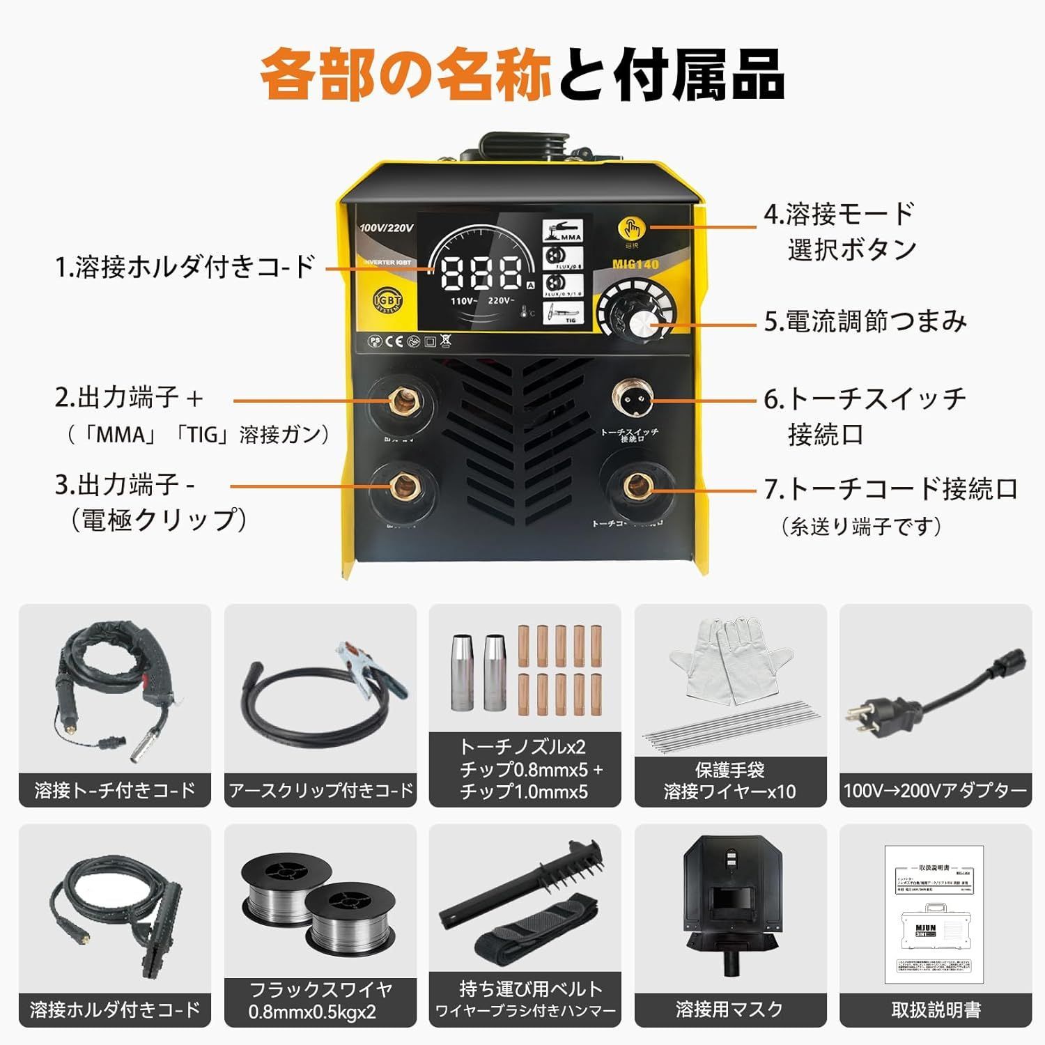 半自動溶接機 最大出力140A 100V/200V兼用 1台3役電気溶接機 LED液晶 