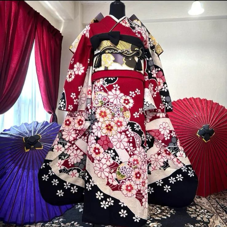 豪華振袖フルセット 7点 総絞り エンボス加工 金駒刺繍 舞桜 正絹