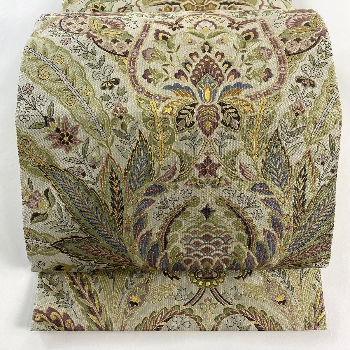 袋帯 落款 証紙 博多織 草花 箔 灰色 全通 正絹