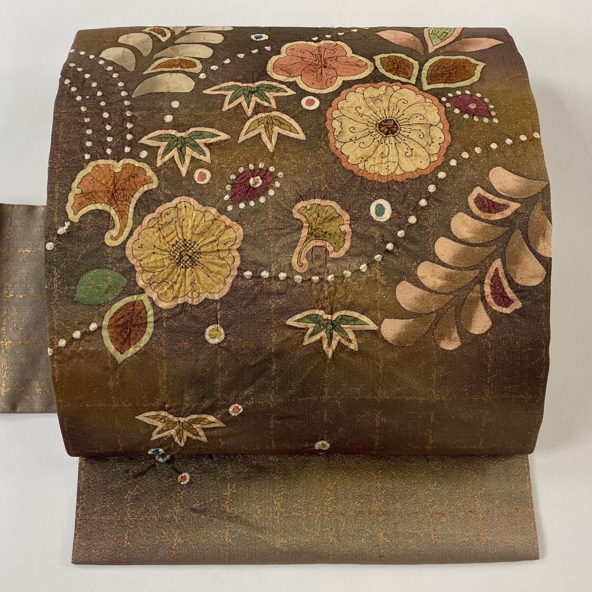 名古屋帯 落款 辻が花 金通し 薄小豆 正絹