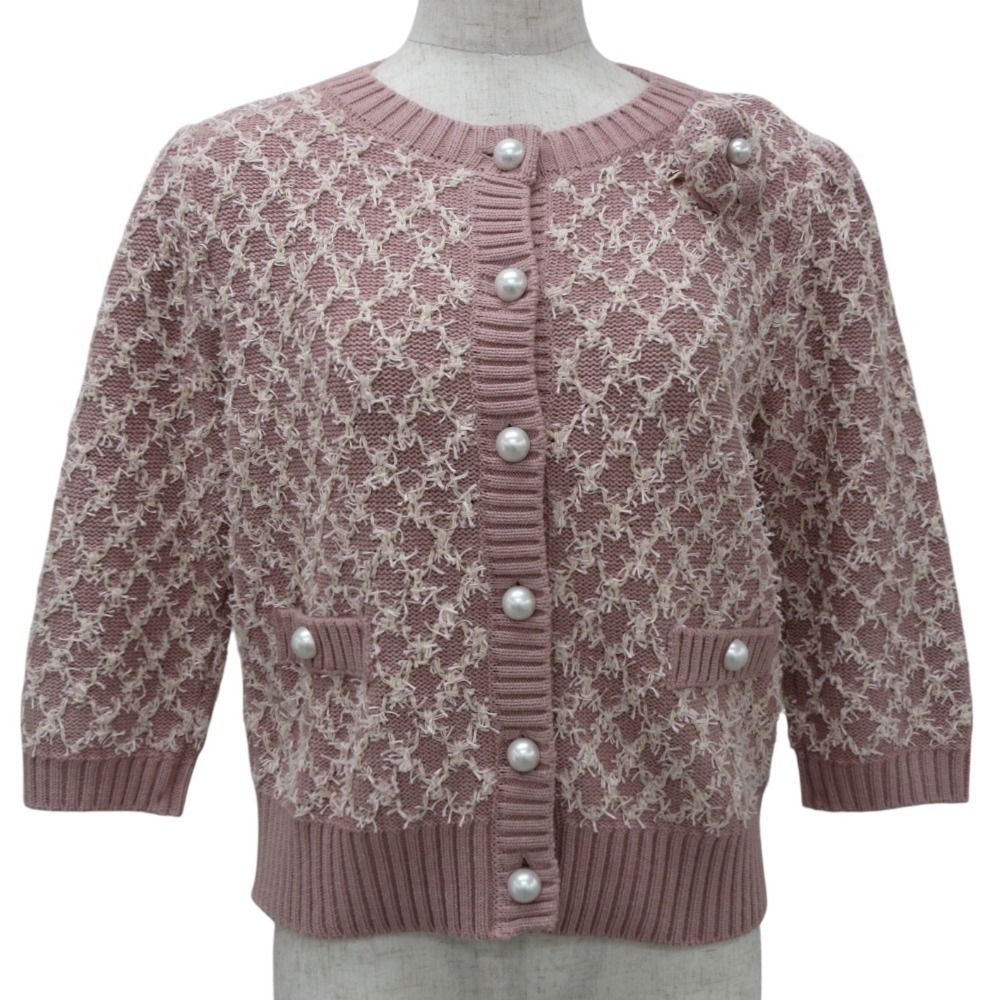 24AW Rene ルネ フラワーコサージュ付き パールボタン 七分袖 ツイード ニットジャケット 36 ピンク レディース 古着