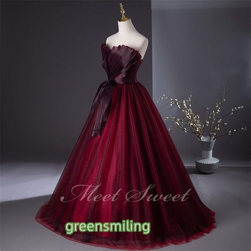 カラードレス プリンセスライン ワインレッド ベアトップ