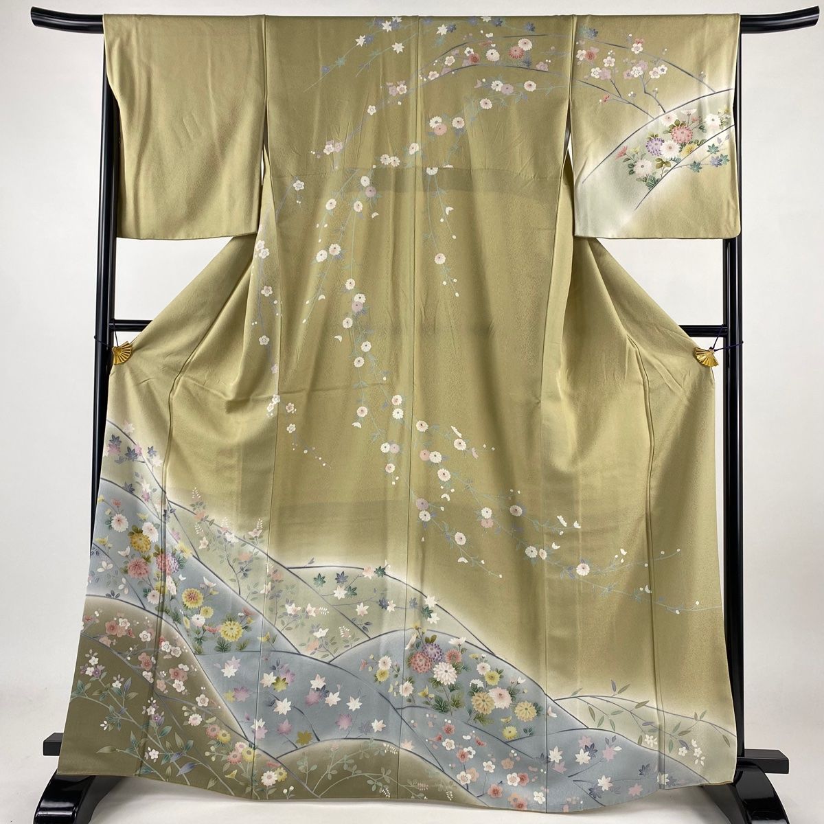 訪問着 身丈166.5cm 裄丈67cm M 袷 菊 梅 染め分け ぼかし 鶯色 正絹 名品