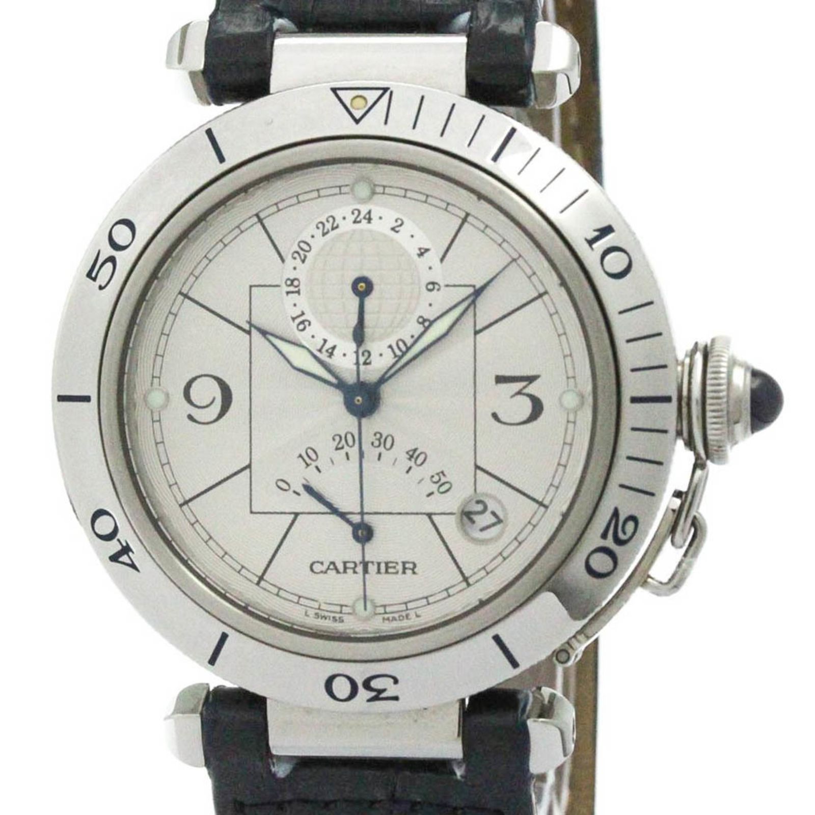 カルティエ CARTIER パシャ 38 GMT パワーリザーブ ステンレススチール レザー 自動巻き メンズ 時計 W3103755 外装仕上げ済み