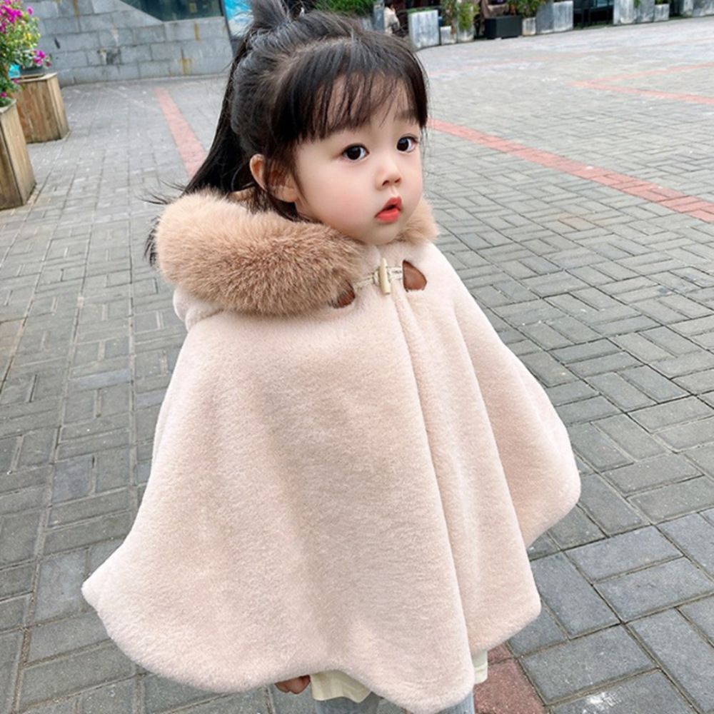 ベージュ  100cm  キッズポンチョ nakbt4441 ポンチョ キッズ キッズポンチョ マント コート カーディガン 羽織り 羽織 子供服 子ども服 フード付き フード ボア 暖かい あたたかい あったか もこ