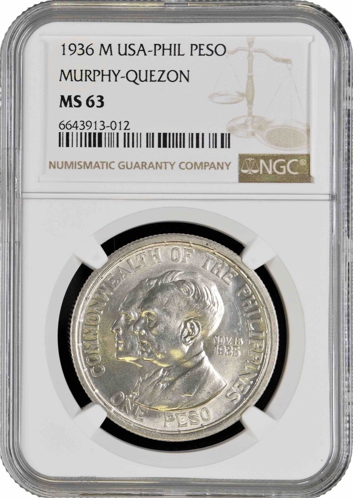 Philippines 1 peso 1936 M NGC MS63 Commonwealth Murphy Quezon silver coin