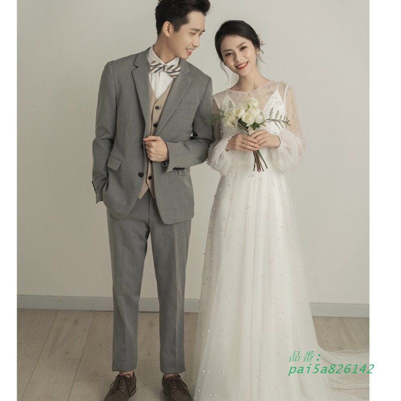 ウェディングドレス ロングドレス スレンダードレス チュール 長袖 パール 白 前撮り ブライダル 花嫁 ウエディングドレス 二次会 結婚式 ワンピース pai5a826142